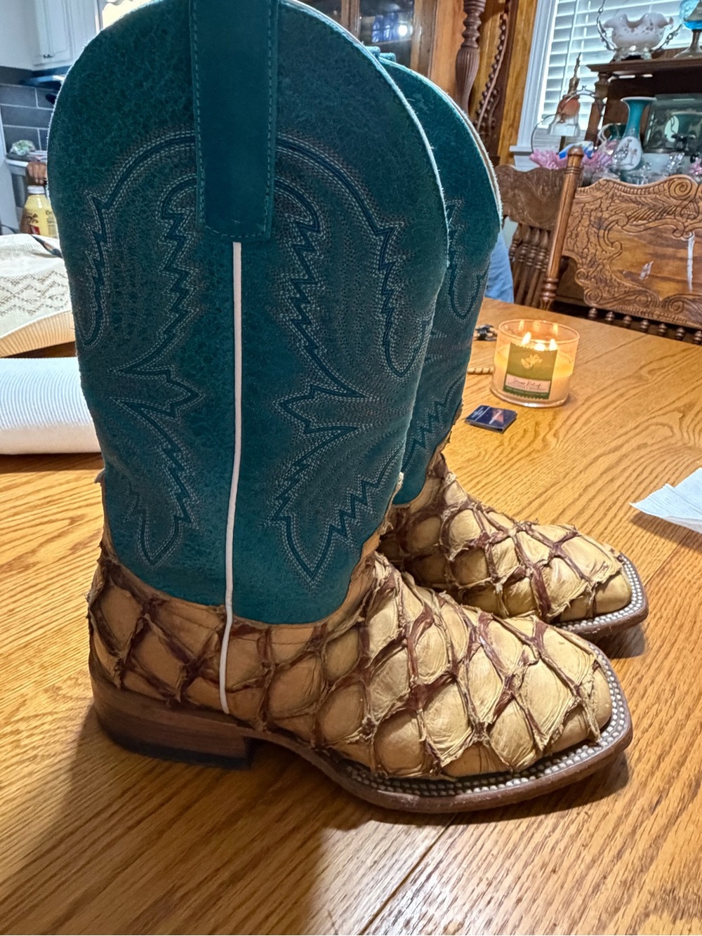 Macie Bean Teal and Tan Women’s Heeled Boots fish skin boots
